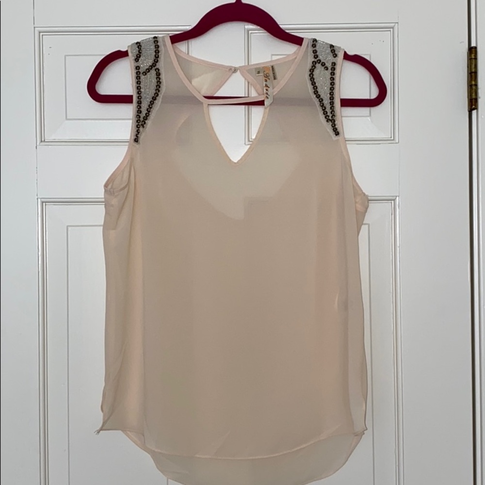 Sheer Cream Embellished Sleeveless Blouse - Small